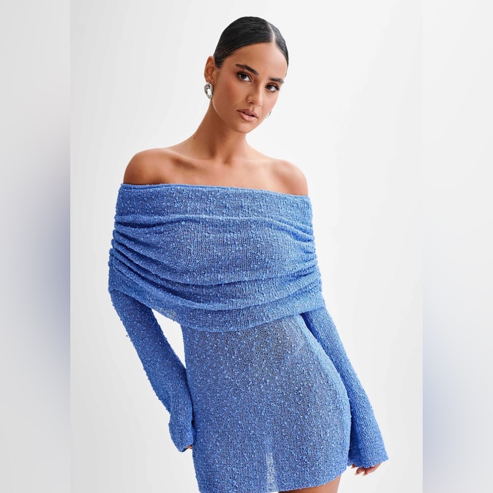 MESHKI Marisol Off Shoulder Boucle Mini Dress - Periwinkle